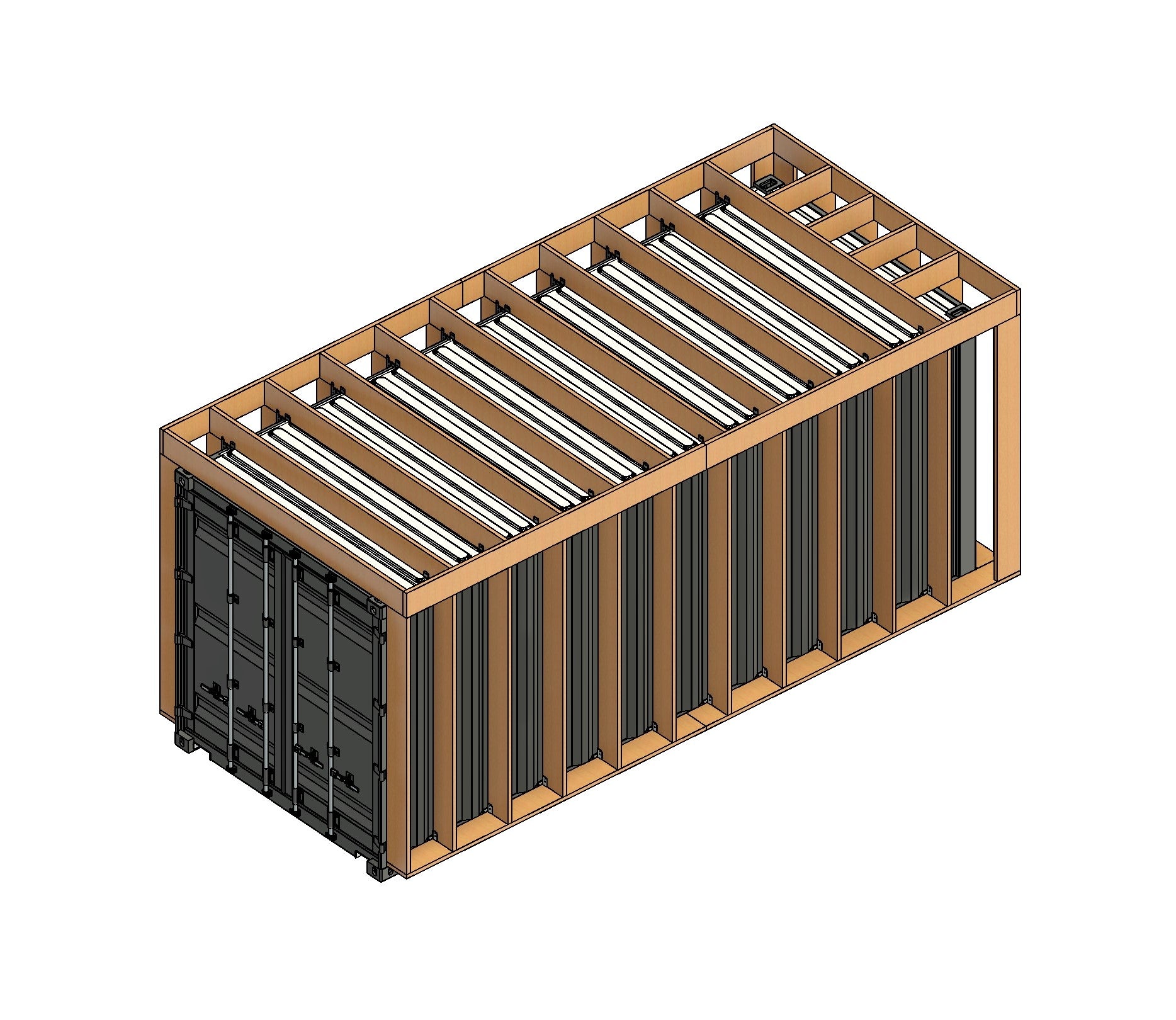 3D rendering of shipping container with full exterior wood framing and roof joists using galvanized steel brackets