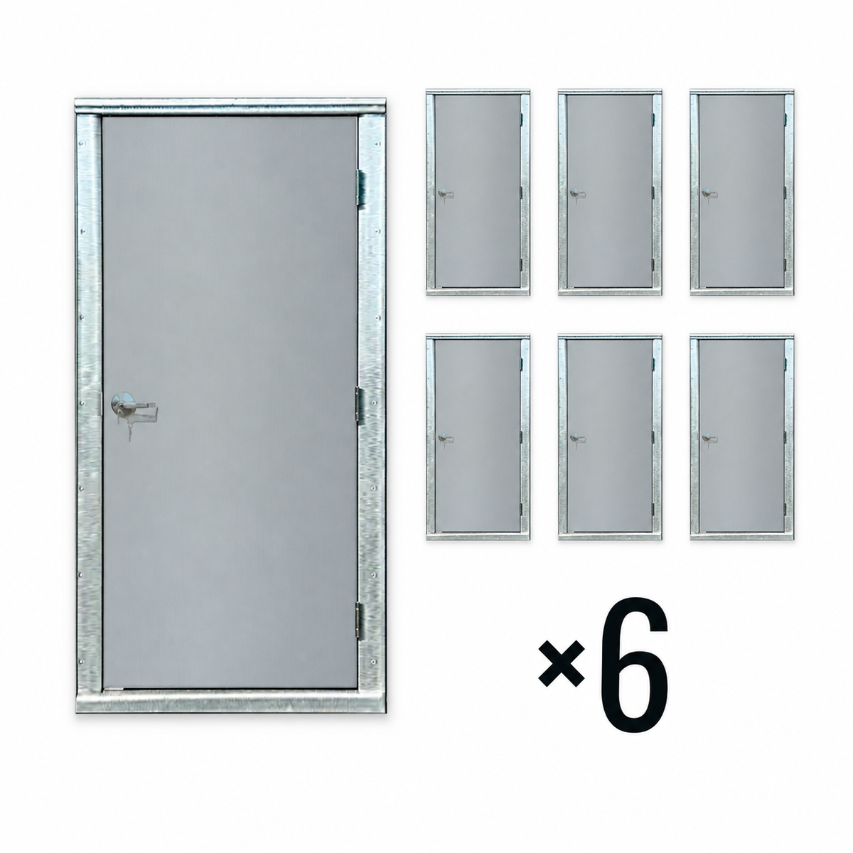 Six 36-inch insulated steel man door and frame kits with six-pack quantity mark