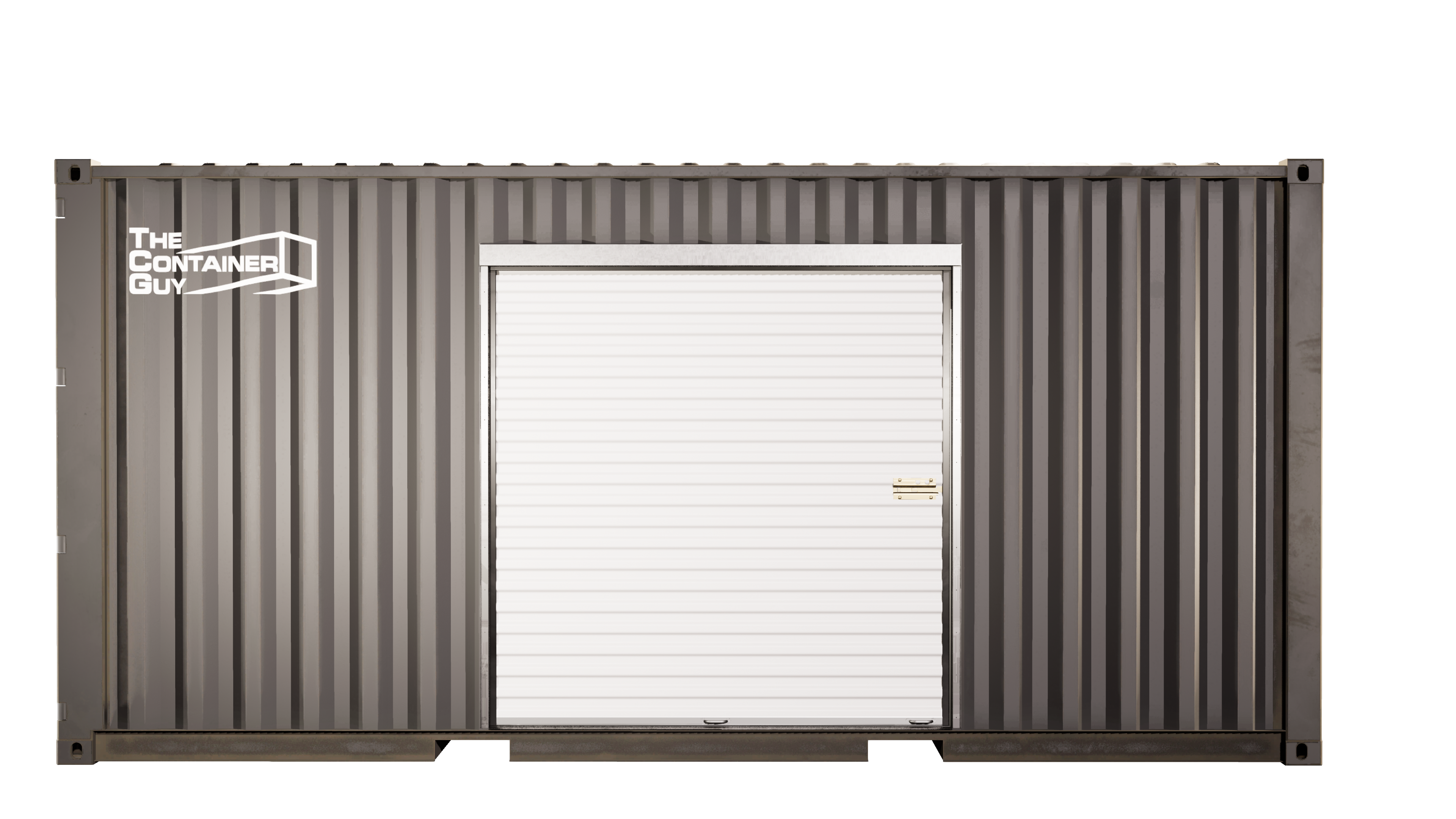Front view of a high cube shipping container featuring a white roll-up door installed using a galvanized steel framing kit. The door is closed, and the container is branded with "The Container Guy" logo in the upper left corner.