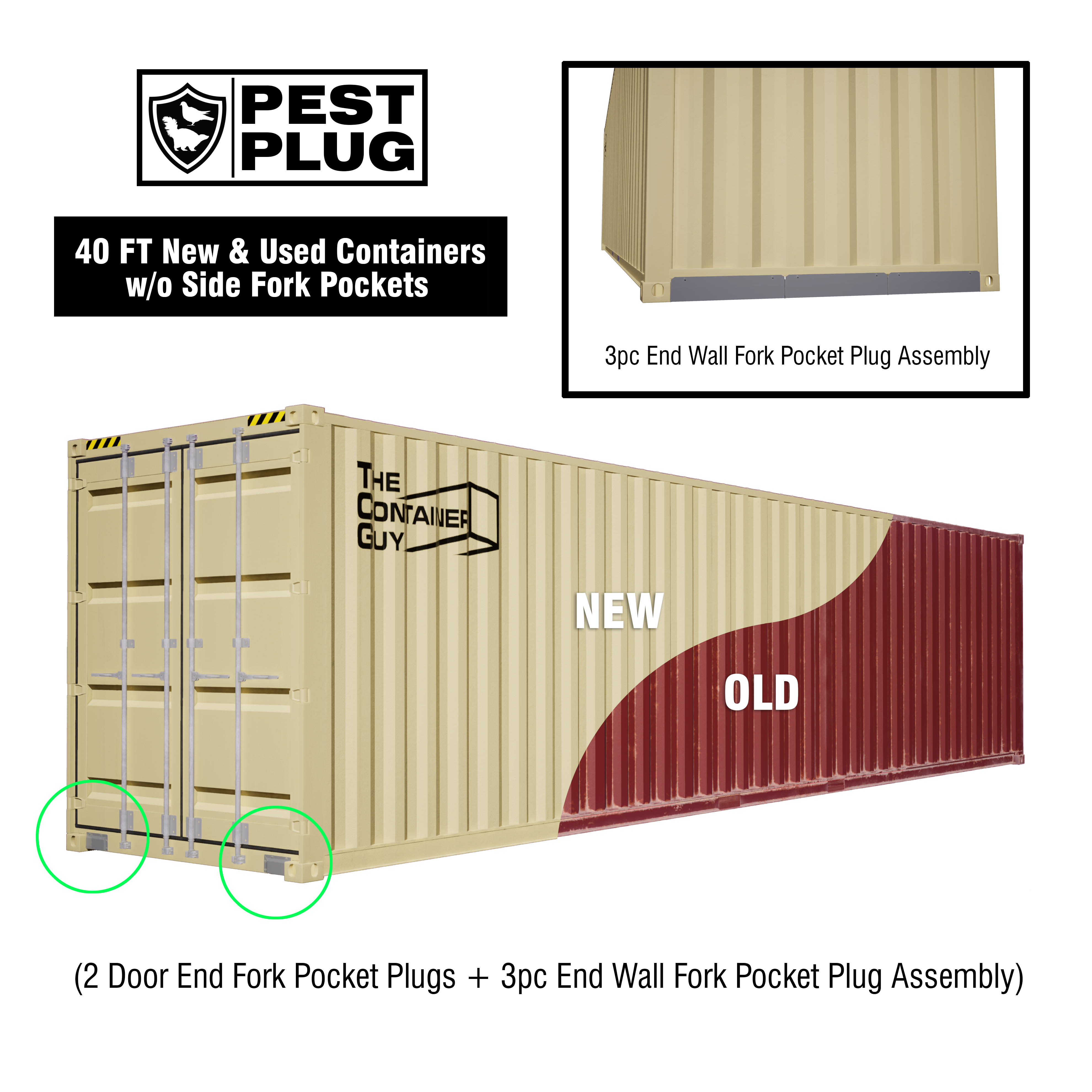 40ft shipping container with Pest Plug kit installed – includes 2 door end fork pocket plugs and 3-piece end wall plug assembly for models without side fork pockets