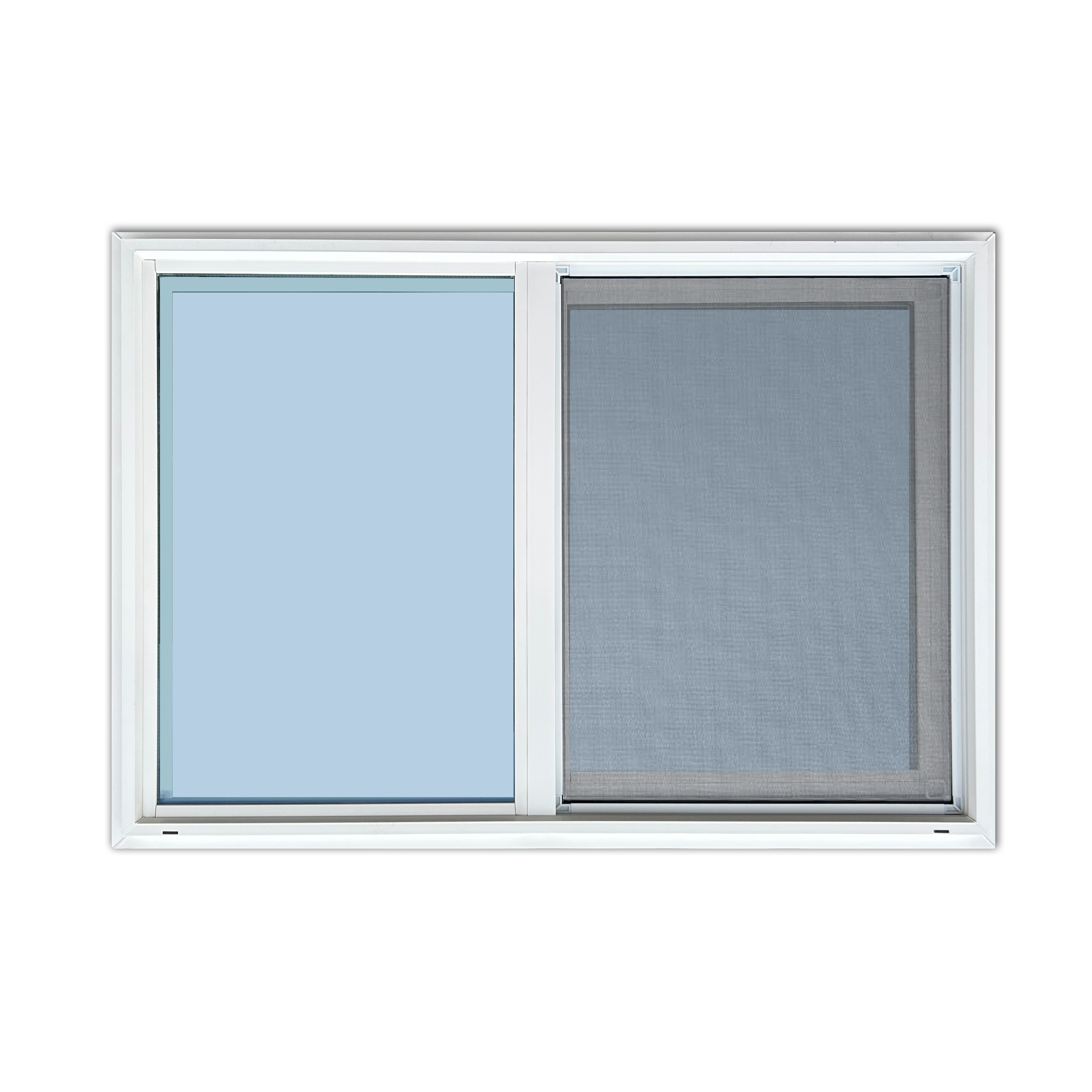 Front view of 42" x 30" white vinyl sliding window with integrated insect screen, designed for shipping container installation.