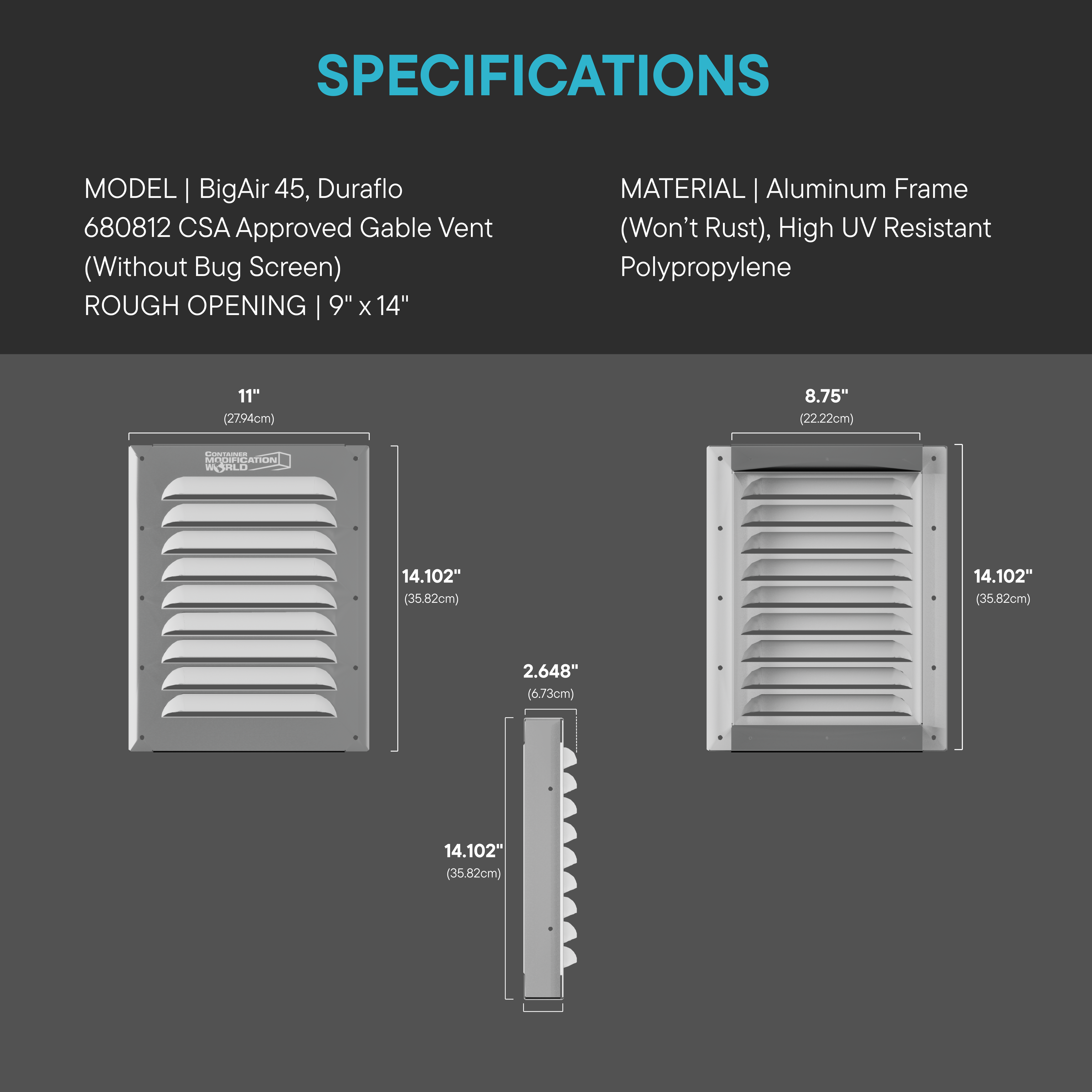 Specifications of a gable vent with dimensions and material details on a dark background