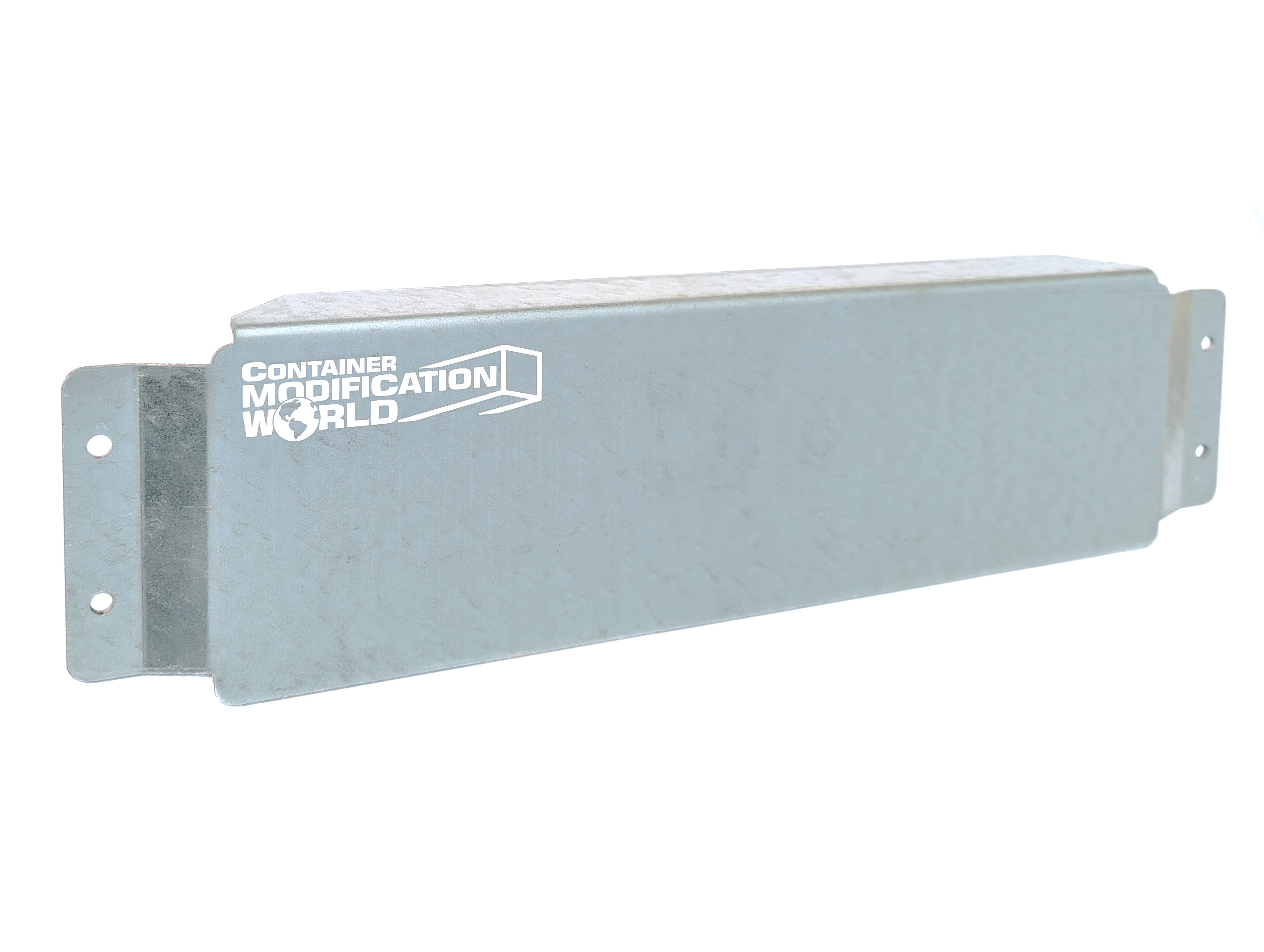 Close-up of steel fork pocket covers for shipping containers, designed to block spray foam from escaping through forklift holes