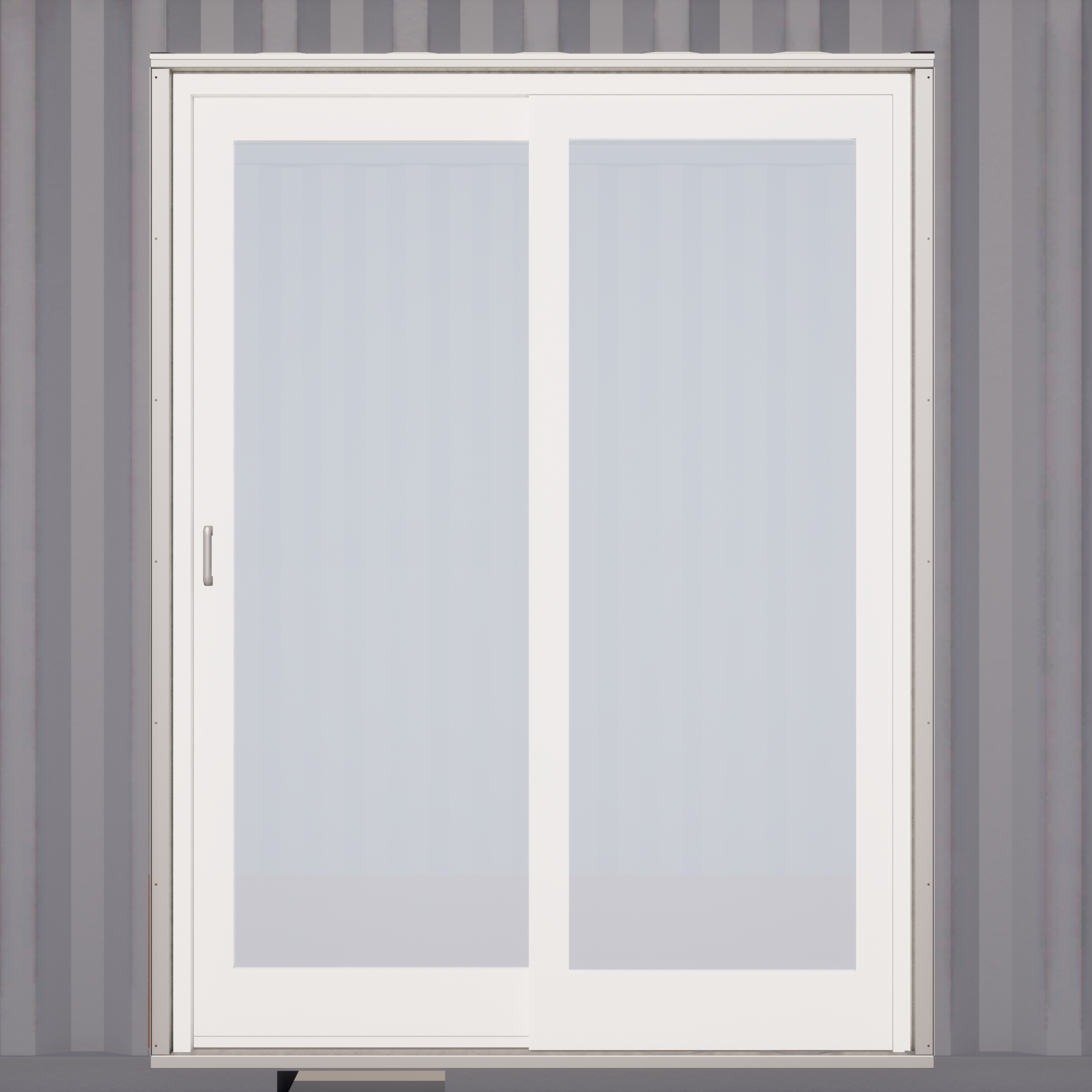 Close-up of galvanized steel patio door frame with sliding door panel, showcasing durable construction and smooth operation