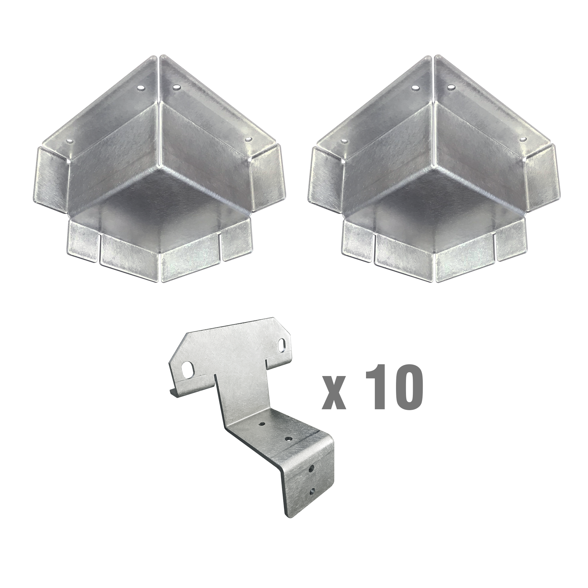 Image displaying composite steel stud brackets and corner casting covers with “x10” label, indicating quantity included in the kit for shipping container interior framing.