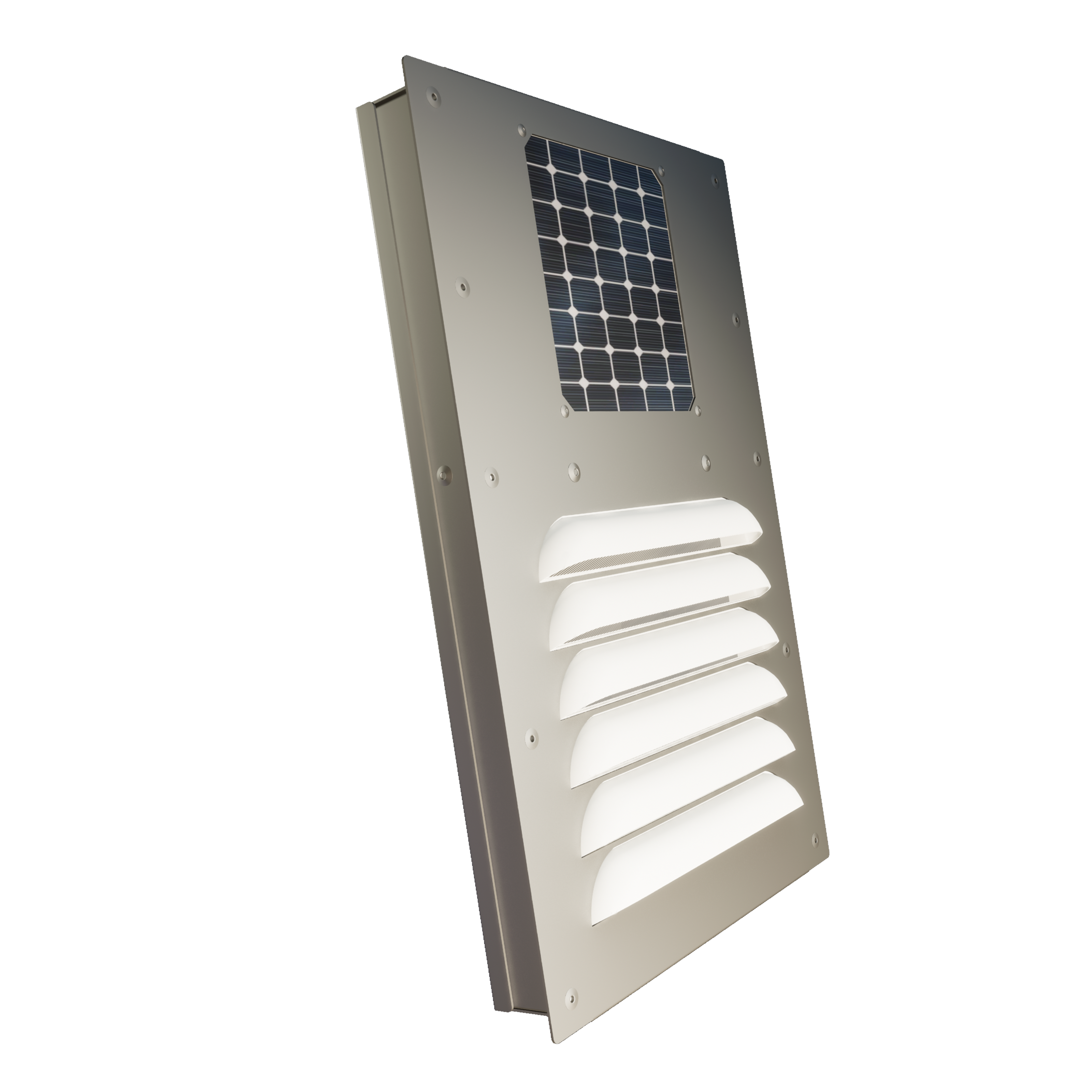 Front side view of the BigAir 57 CFM solar vent showcasing the UV-resistant polypropylene grille and sleek aluminum framing designed for shipping container ventilation.