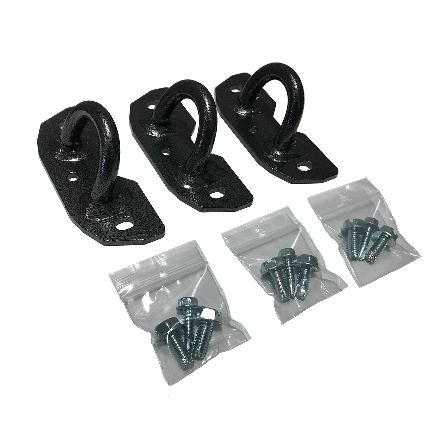 Three black bolt-on D-ring lashing points for shipping containers with included screws.