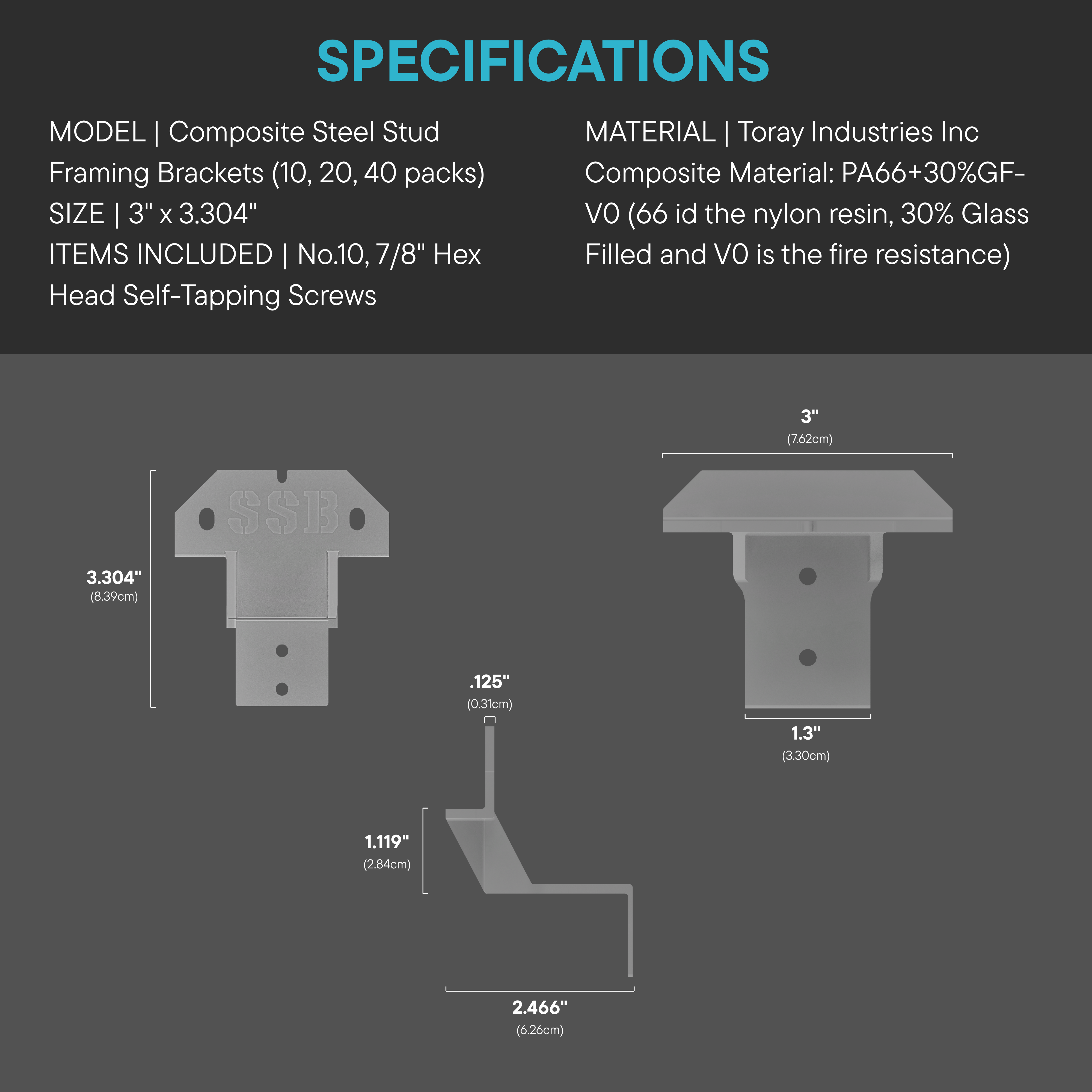 Detailed diagram illustrating the dimensions of the composite steel stud bracket, designed for precise fit with steel studs in shipping container interiors.