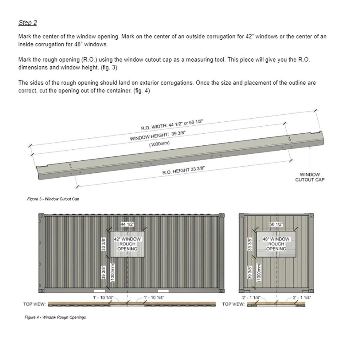 Window cutout cap and rough opening dimensions for installing 42” and 48” vinyl windows in shipping containers, with detailed container wall diagrams and measurements