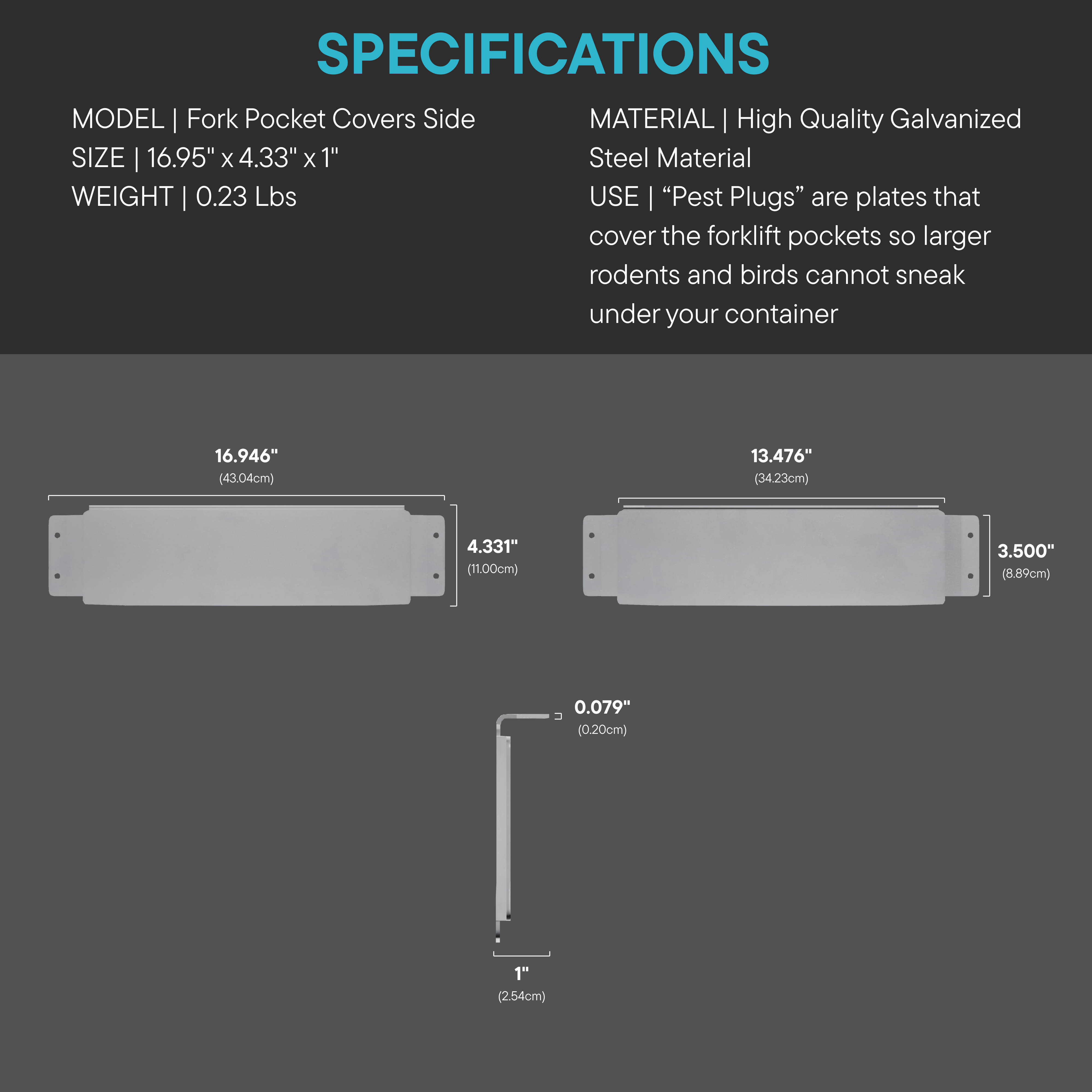 Technical diagram showing dimensions of side fork pocket covers for shipping containers, including measurements for side, door end, and end wall plug components