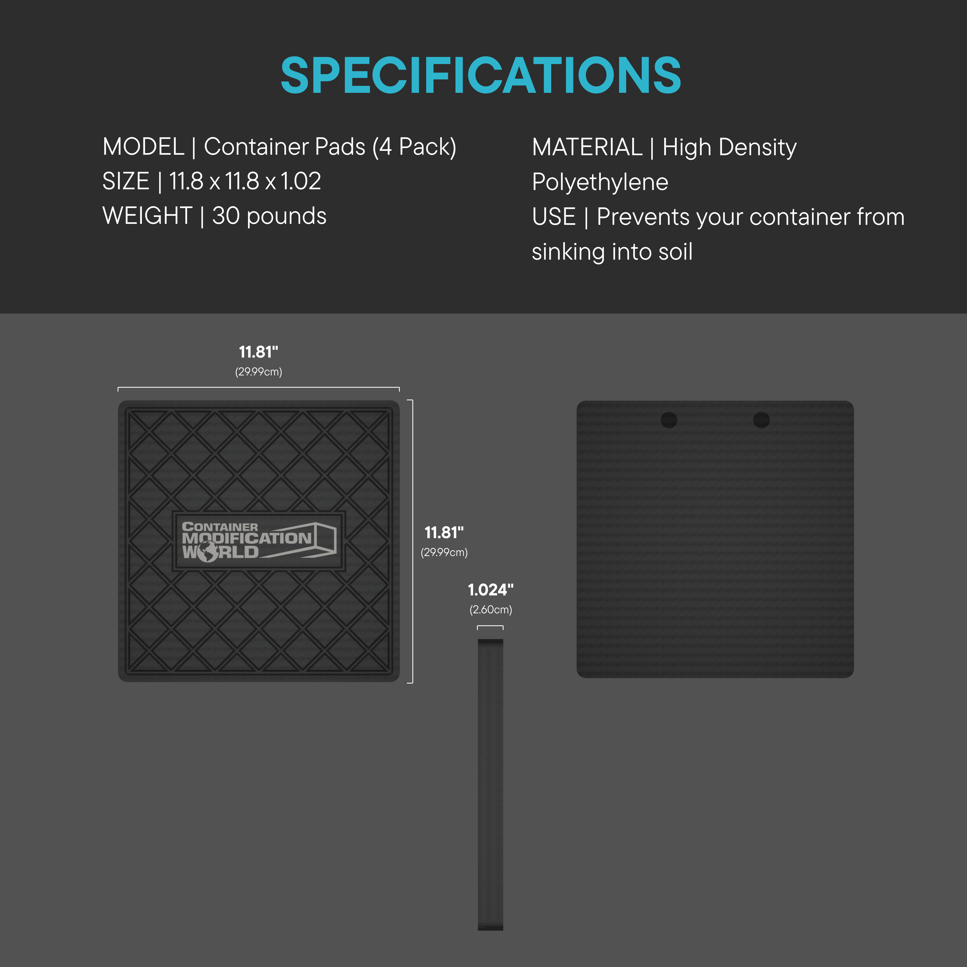 Diagram showing detailed dimensions of the heavy-duty container corner pad, including height, width, and thickness, designed to protect surfaces and distribute container weight evenly.