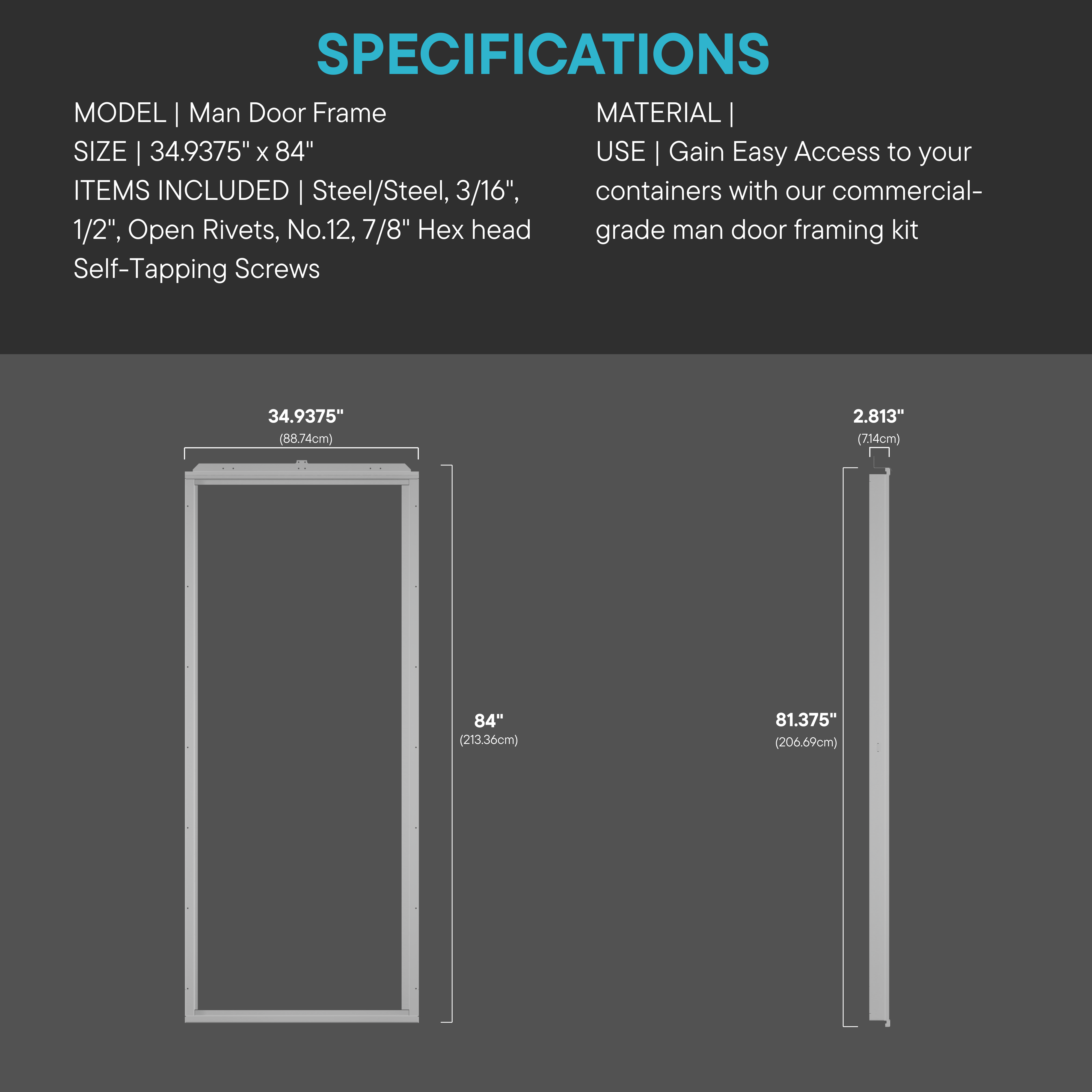 Steel man door frame with dimensions and specifications for container installation, providing secure and easy access to shipping containers.