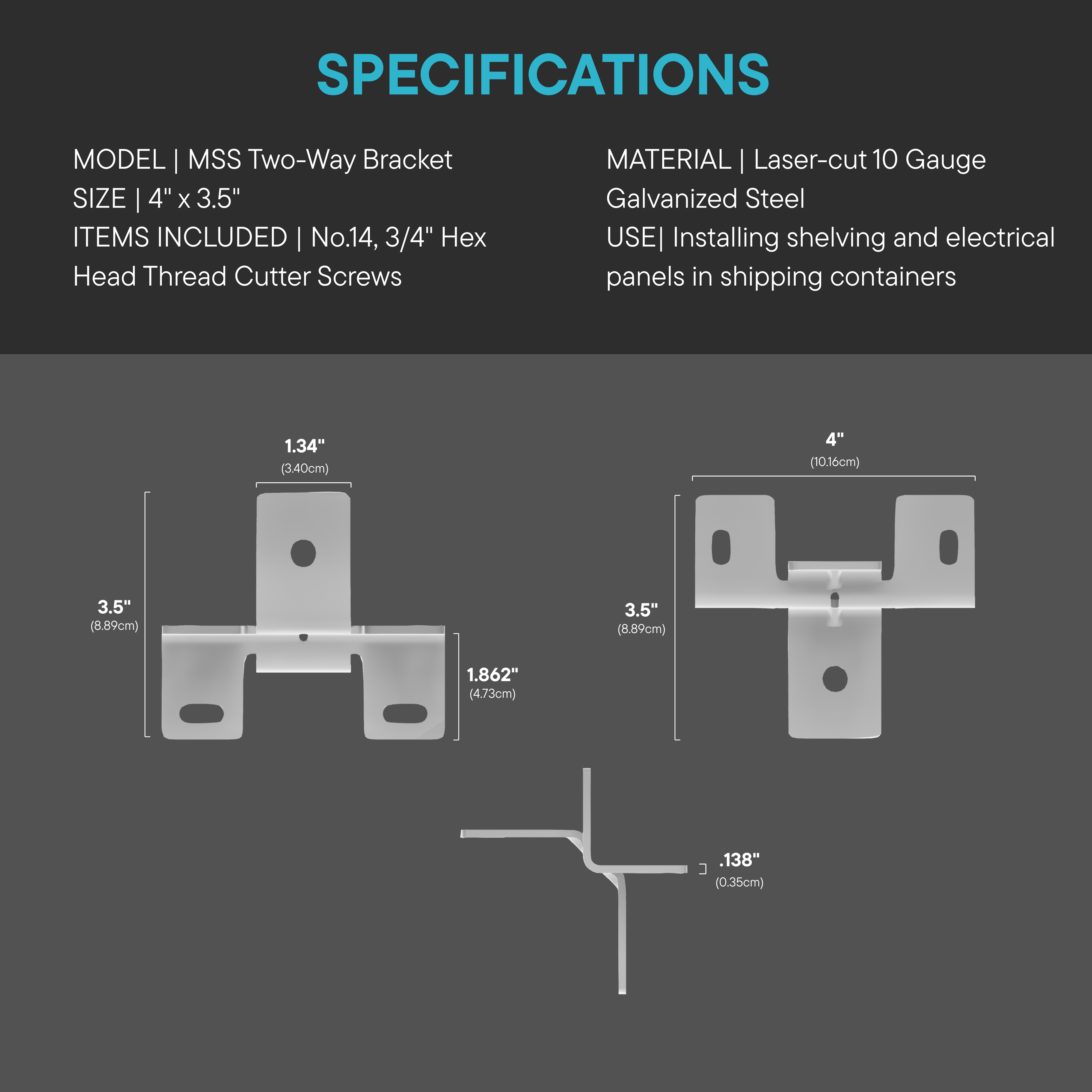 Technical illustration of the Modular Strut System (MSS) galvanized steel two-way bracket displaying precise dimensions, mounting hole configuration, and material specifications for secure container framing.