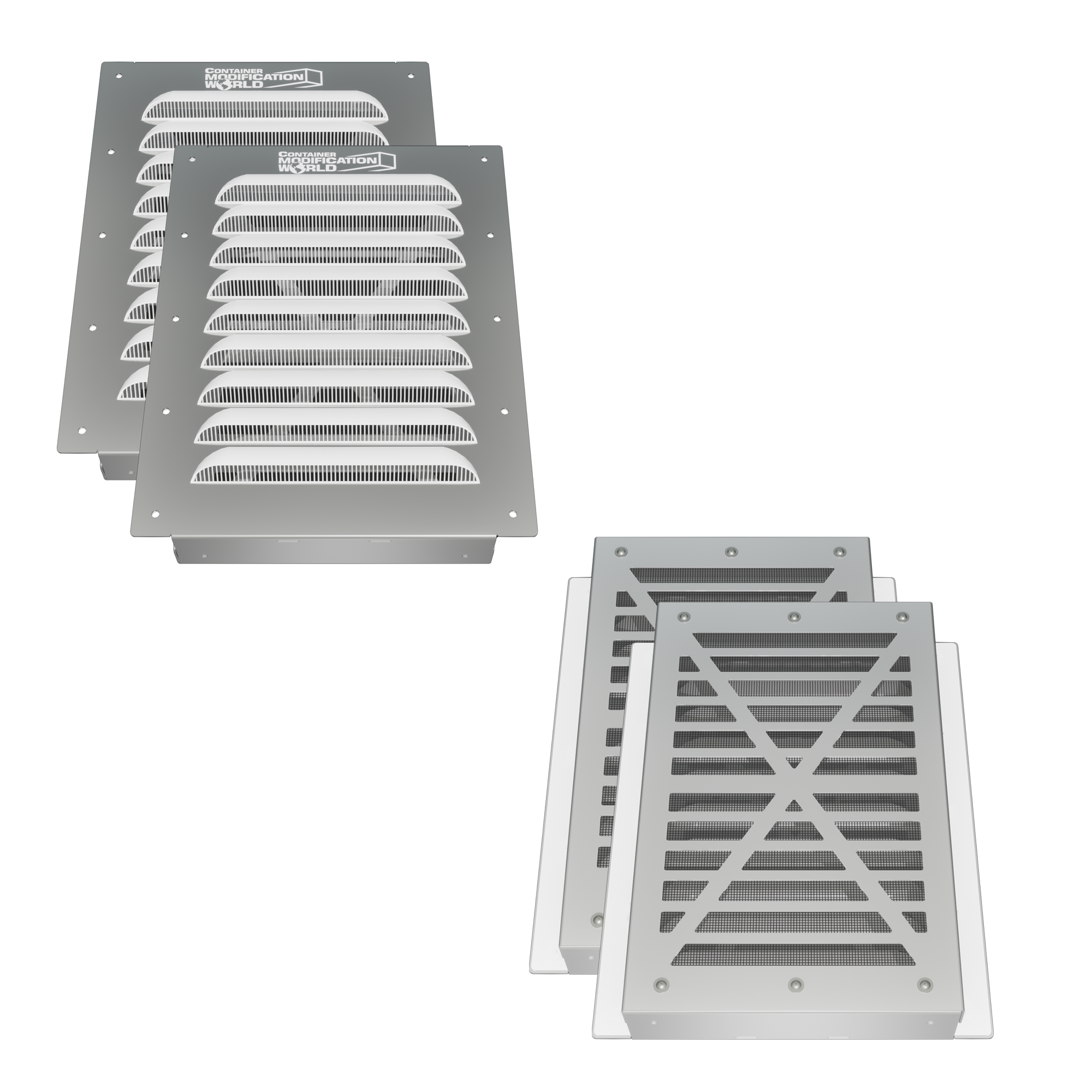 Set of Big Air 45 Louvered Gable Vents and matching screen mesh attachments designed for shipping container ventilation, featuring durable aluminum frames and high airflow design
