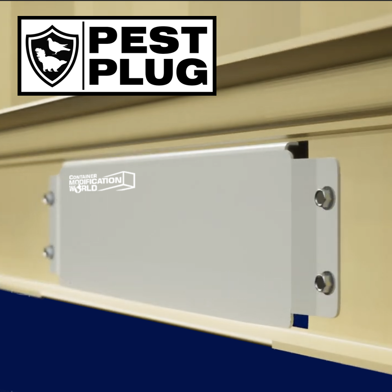Pest Plug plate installed over forklift pocket on shipping container to block rodents and birds – container pest prevention solution