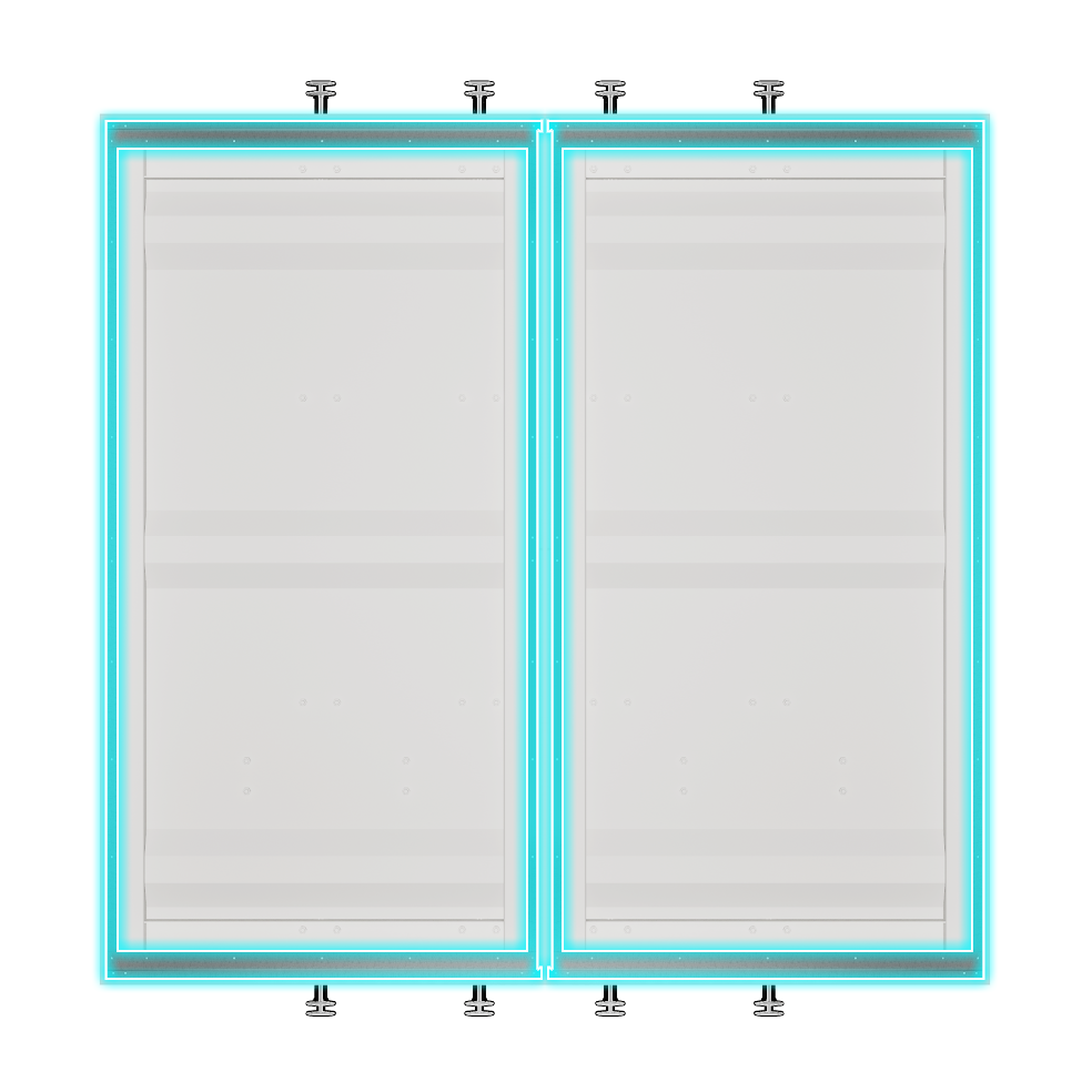 Top-down view of a galvanized steel container door flashing kit installed on a double shipping container door, with clean trim and visible included mounting hardware for a finished interior framing edge