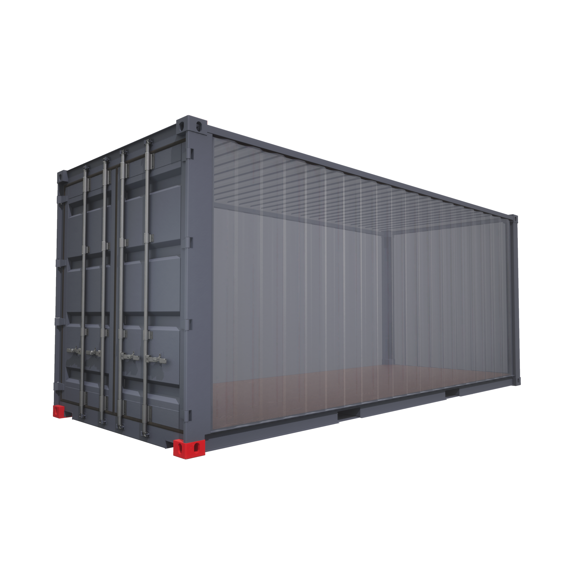 Shipping container with semi-transparent walls displaying red corner castings installed on the top corners, illustrating ISO 1161 standard lifting and stacking points