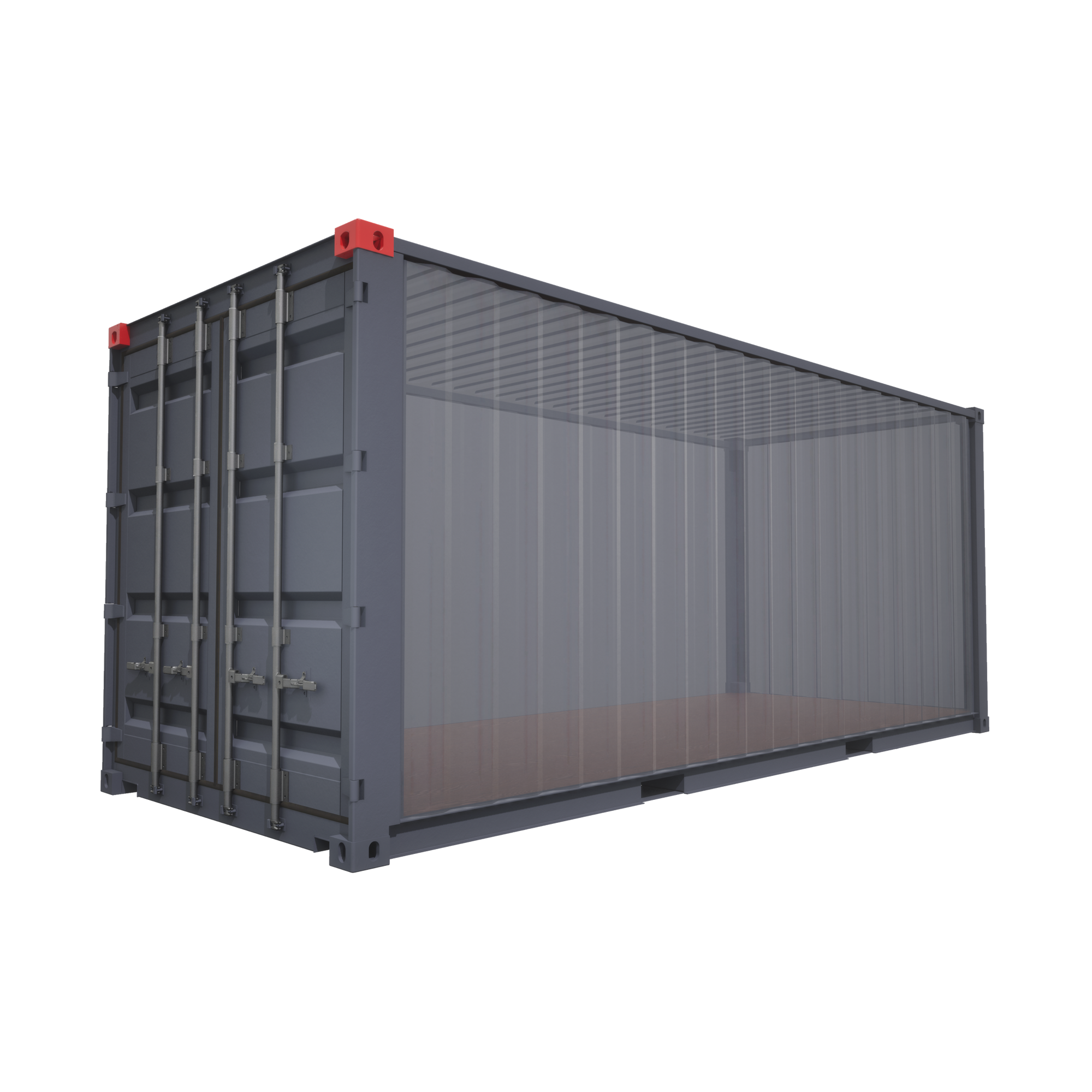 Shipping container with semi-transparent walls displaying red corner castings installed on the top corners, illustrating ISO 1161 standard lifting and stacking points