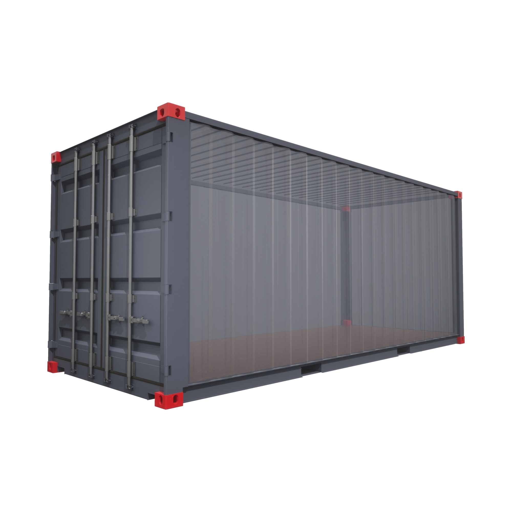 ISO shipping container with all eight red corner castings shown, illustrating standard top and bottom left/right placements for lifting, stacking, and securing