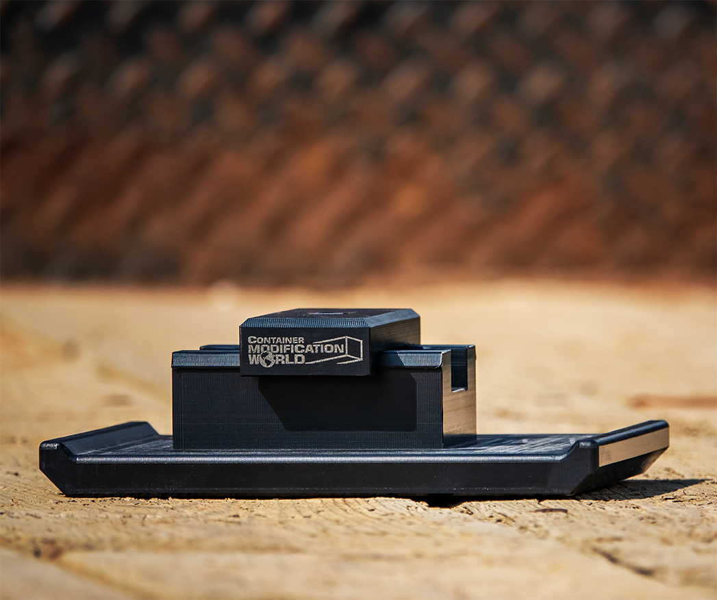 Set of four black HDPE container shoes for standard 20ft and 40ft ISO shipping containers, designed to protect concrete, asphalt, and finished surfaces