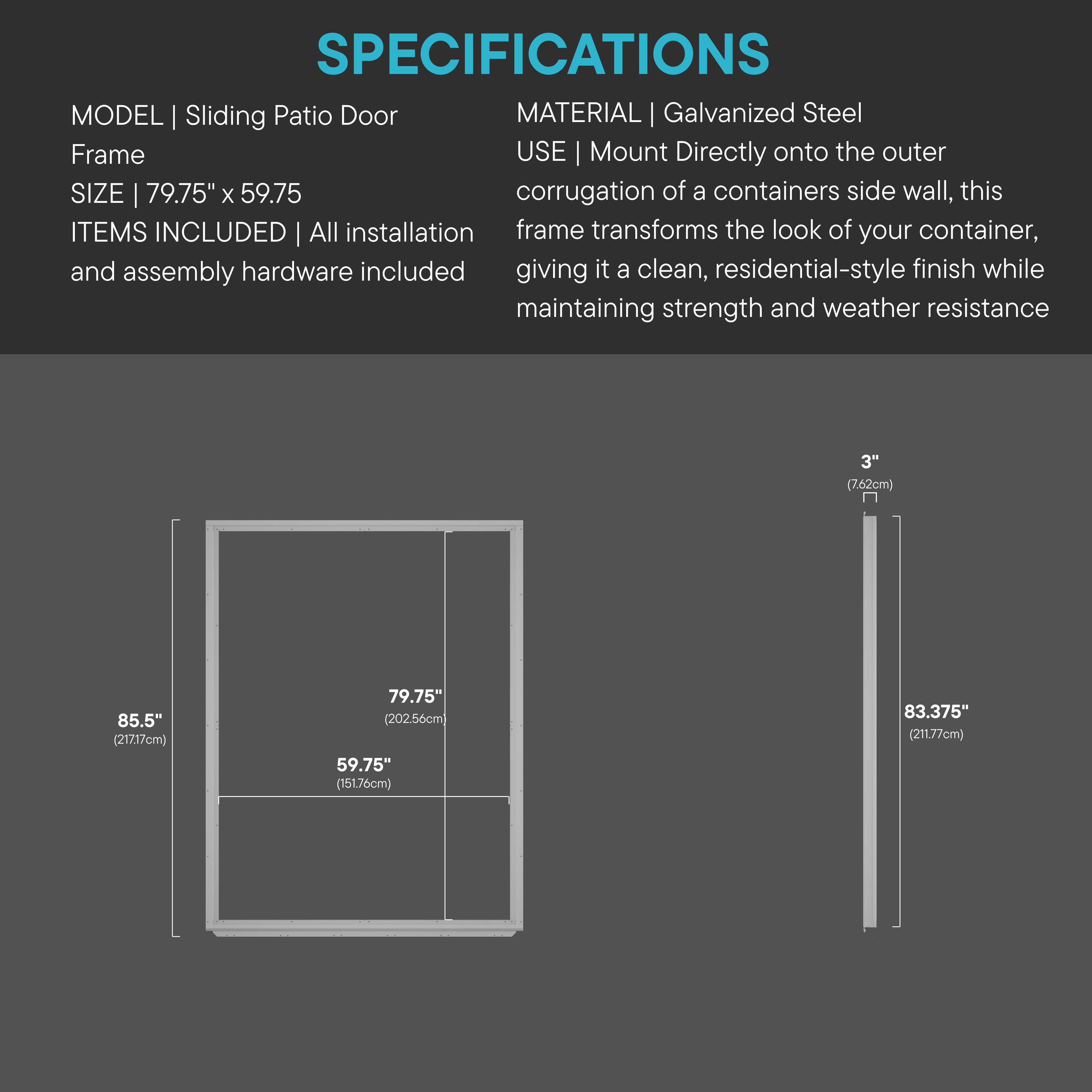 Technical diagram showing dimensions of galvanized steel sliding patio door frame designed specifically for shipping containers