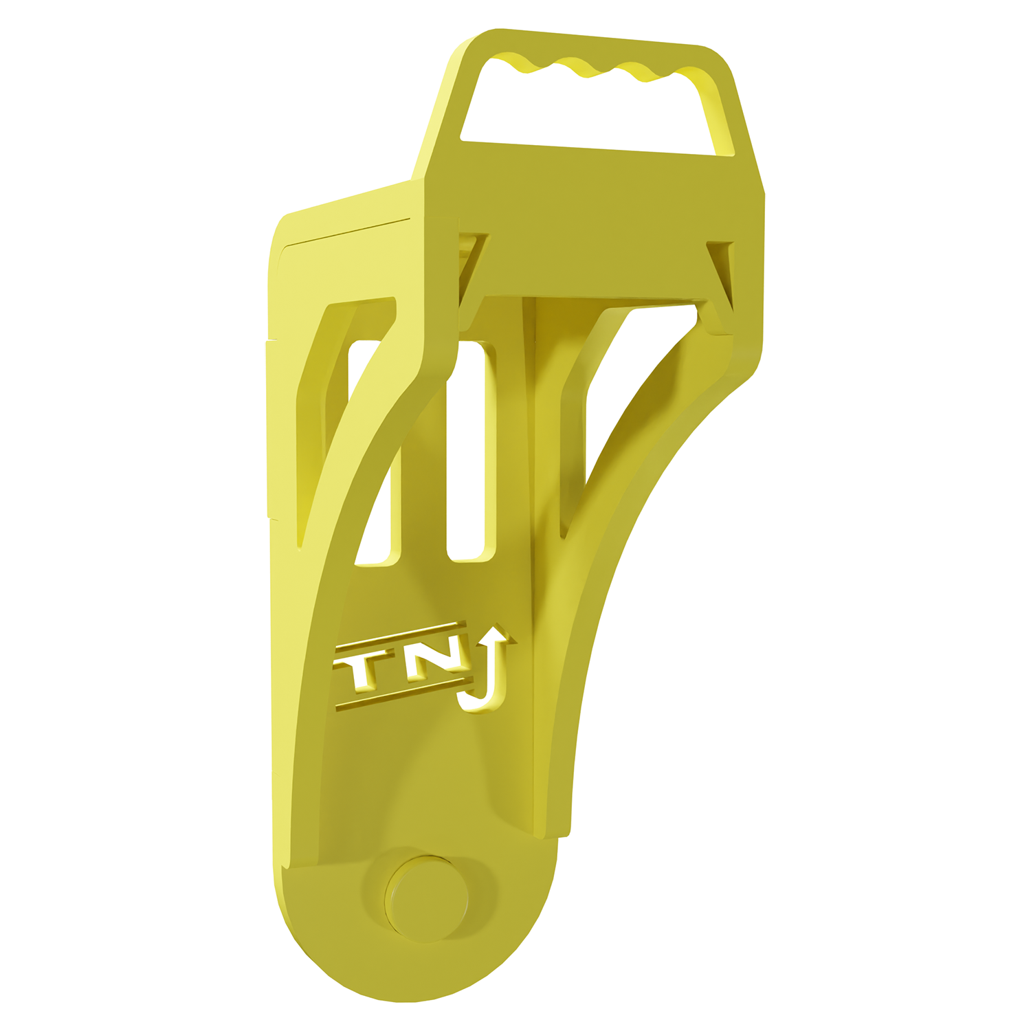 Yellow steel container jacking tool with built-in handle and curved support arms, branded with "TNJ" logo—designed for leveling shipping containers using a bottle jack.