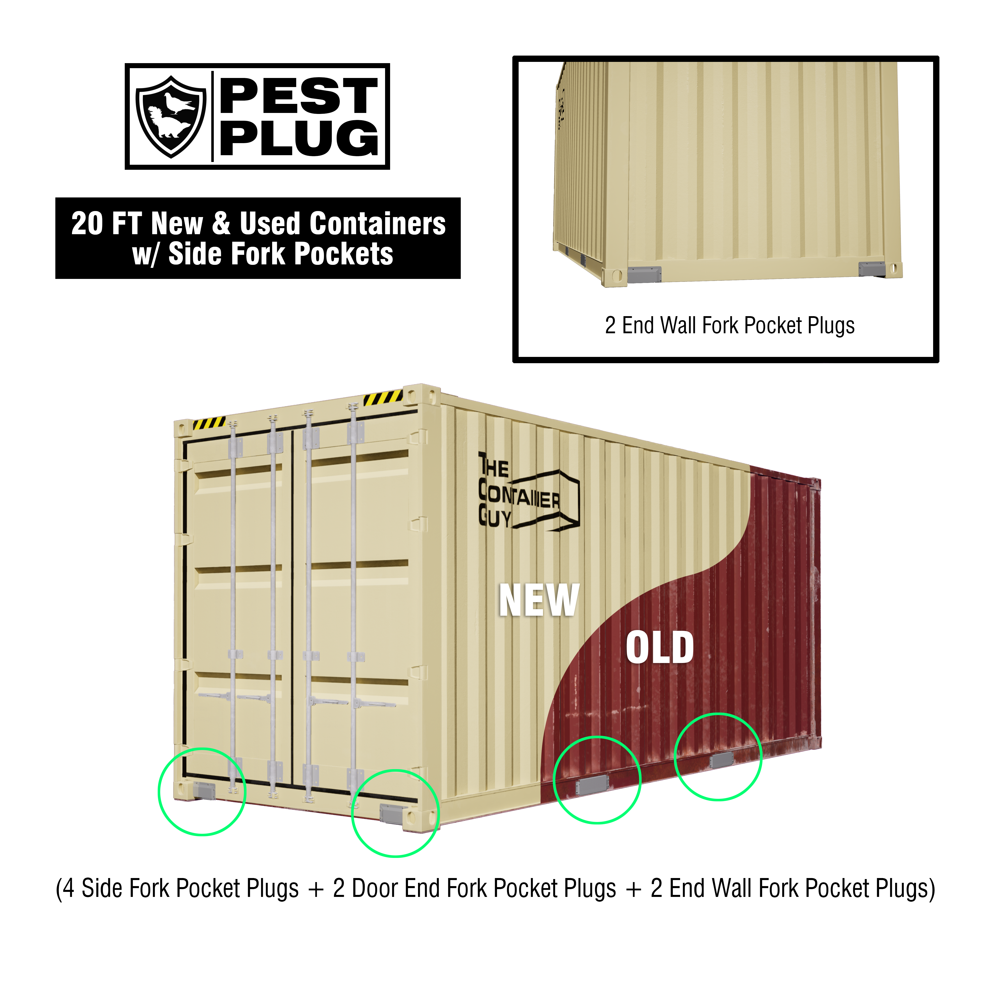 20ft shipping container with Pest Plug inserts shown on side and end fork pockets – rodent and bird deterrent system for new and used containers