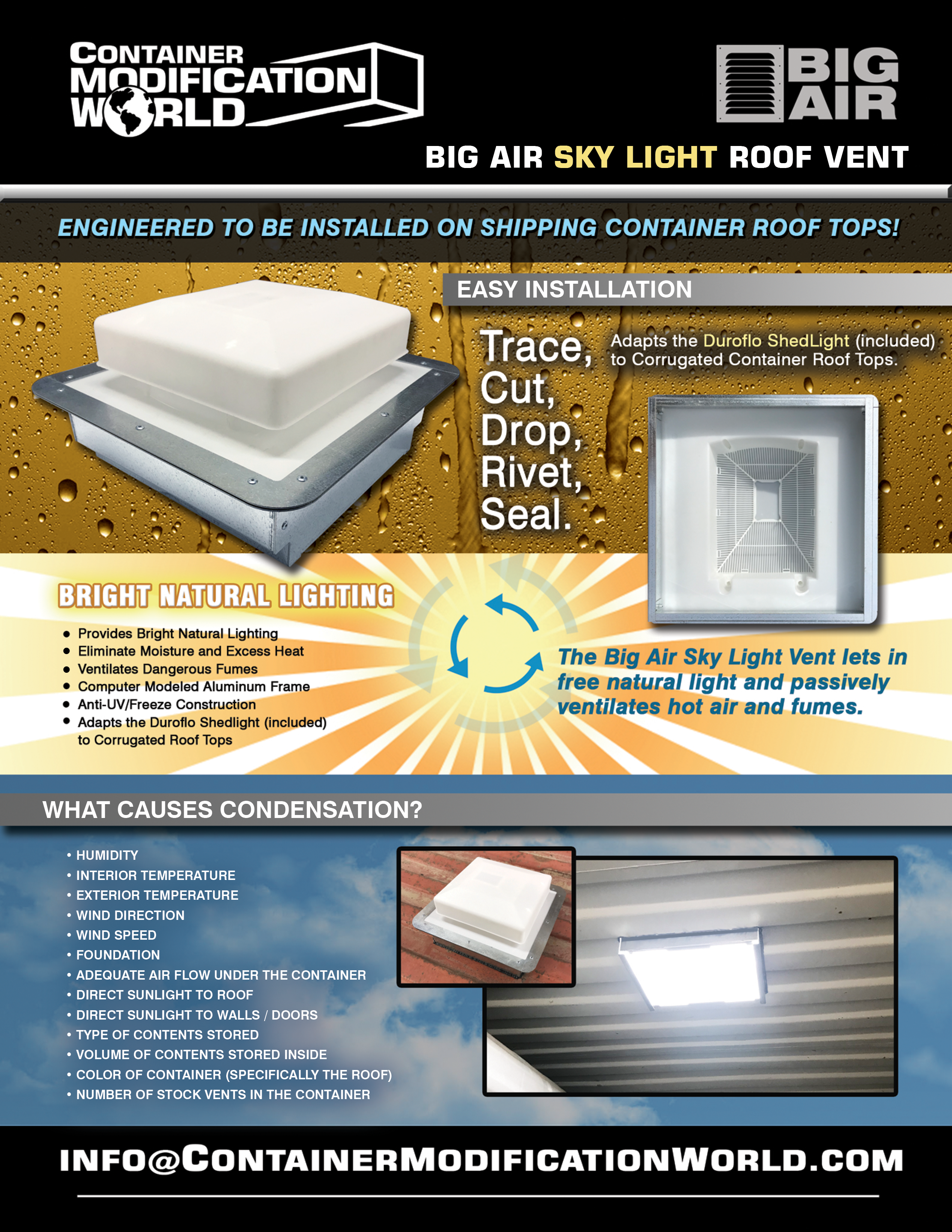 ig Air Sky Light Roof Vent for shipping containers, van trailers, and wood rooftops. Features a translucent Duraflo ShedLight adapted to corrugated container roofs. Offers bright natural lighting, reduces condensation, and ventilates hot air and fumes. Includes aluminum frame, UV/freeze-resistant construction, and easy installation with provided rivets and screws.