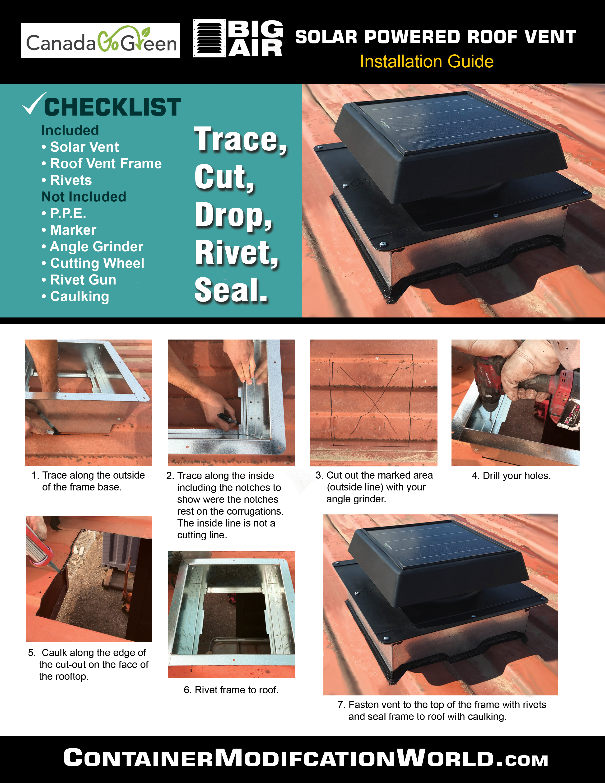 Installation guide for the Big Air Solar Powered Roof Vent by Canada Go Green, showing step-by-step instructions to trace, cut, drop, rivet, and seal the unit onto a corrugated shipping container roof. Includes checklist of required tools and hardware.