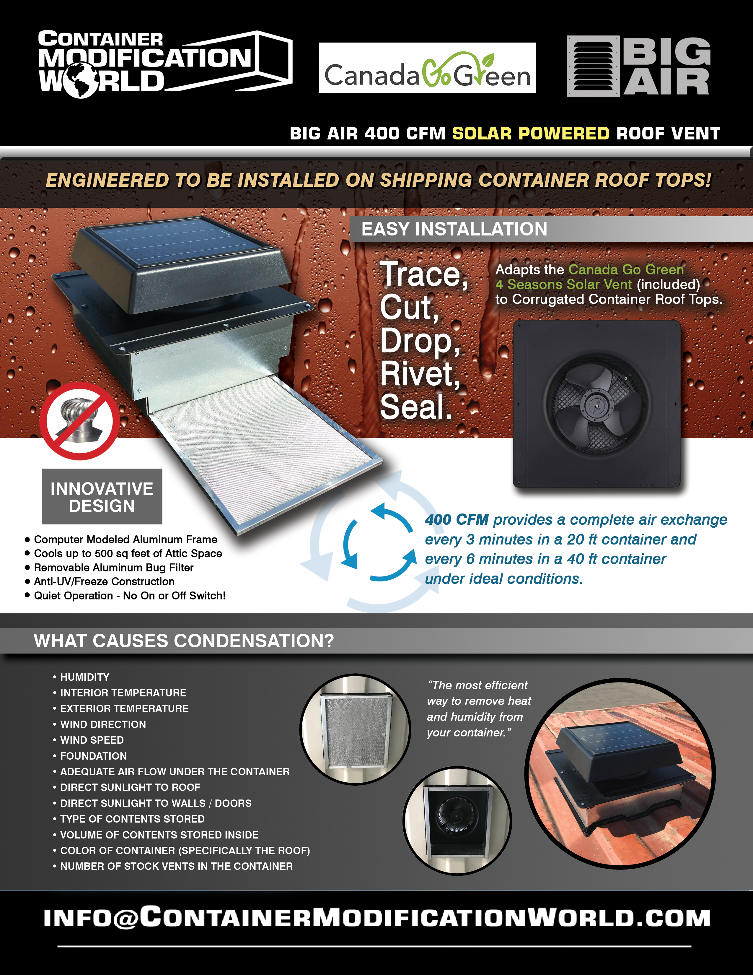 Promotional graphic for the Big Air 400 CFM Solar Powered Roof Vent, engineered for easy installation on shipping container rooftops. Features include a removable aluminum bug filter, anti-UV/freeze construction, and quiet operation. Diagram explains ventilation performance and causes of condensation