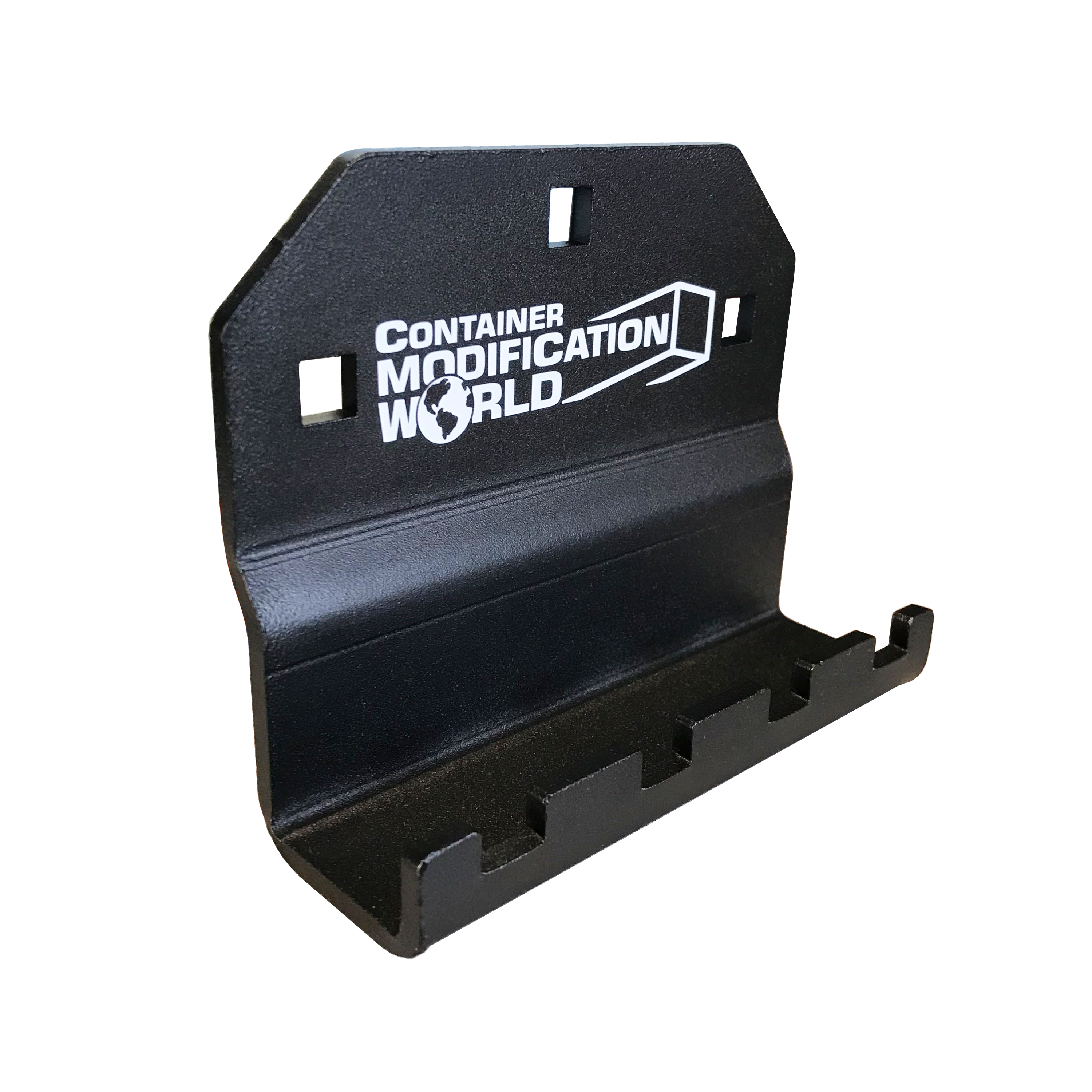 A black powder coated steel kick plate with the text 'Container Modification World' on it, designed to protect door seals.