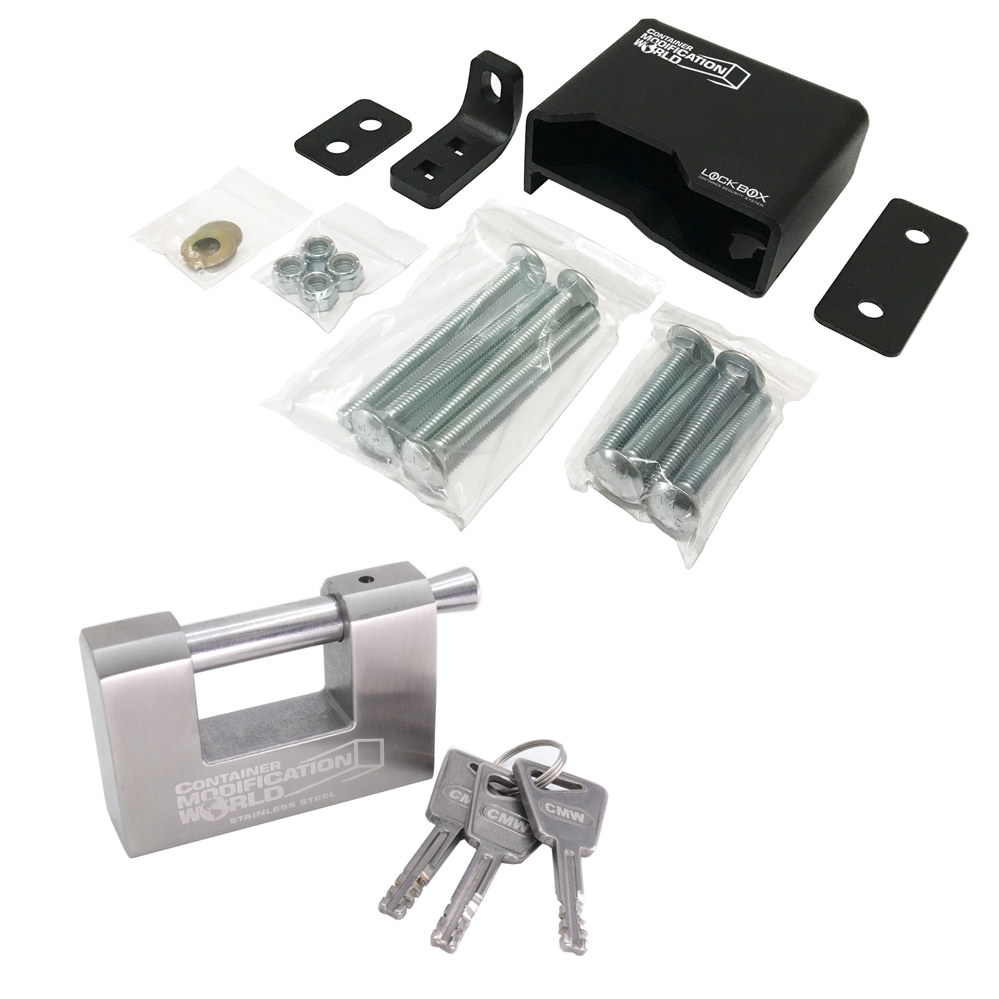 A lock box kit with a black textured powder-coated finish, including a lock, keys, mounting hardware, and a back washer plate.