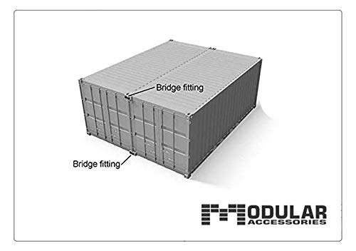 Diagram showing two ISO shipping containers connected side-by-side using bridge fittings at the corners, illustrating proper horizontal container coupling.