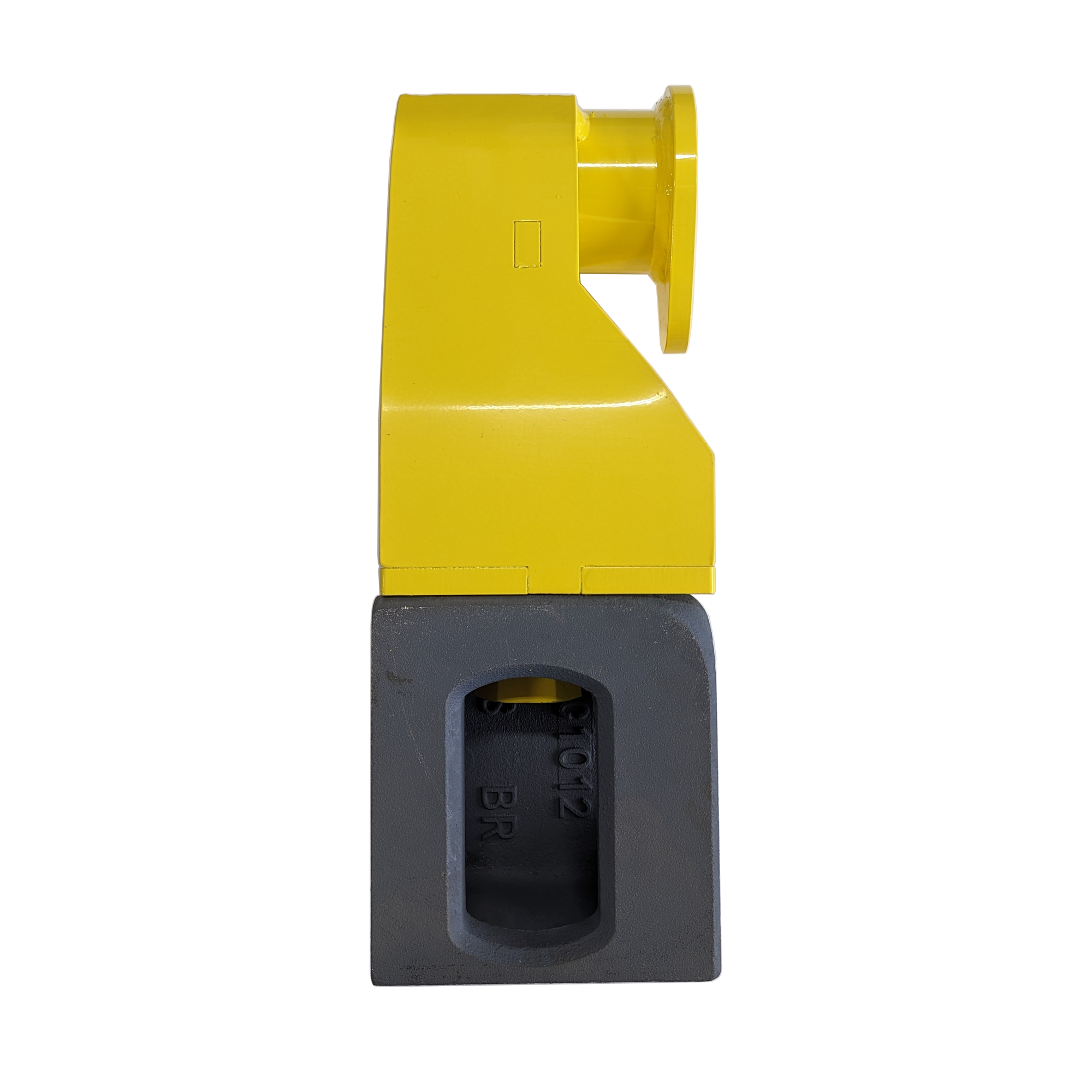 Side profile of a yellow Quick Attach Skid mounted on a gray steel base block, showing the solid metal construction and reinforced flange for secure container rigging.