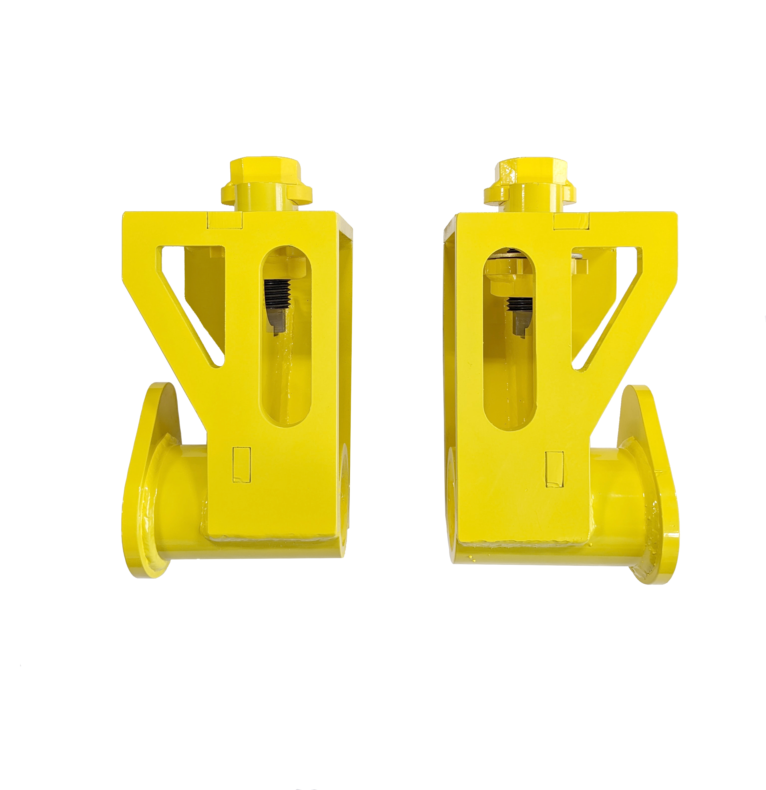 Pair of heavy-duty yellow shipping container lifting lugs with screw-lock mechanism, designed for secure top-corner lifting during container transport and rigging