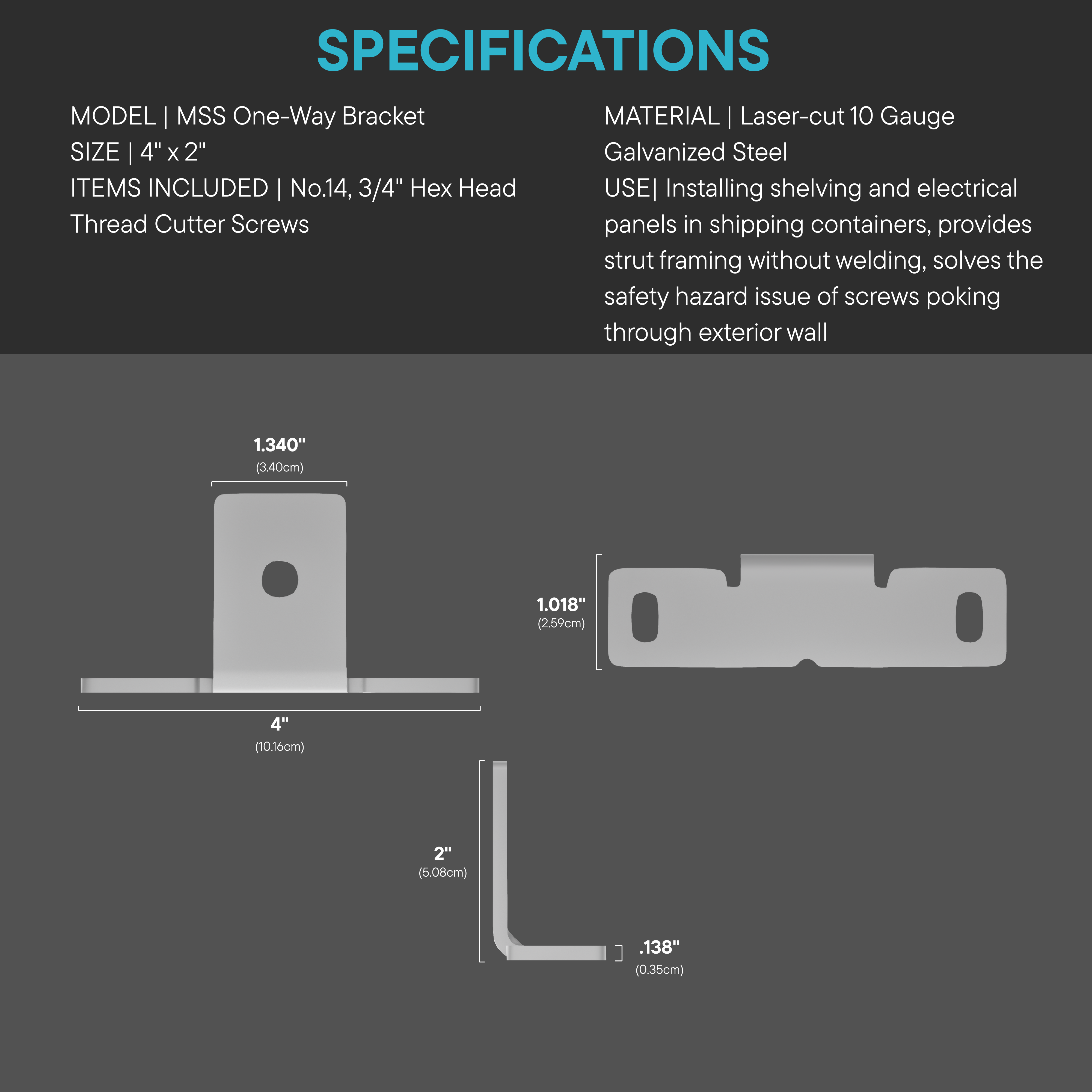 Technical diagram of the Modular Strut System (MSS) galvanized steel angle one-way bracket featuring detailed measurements, hole placements, and material details for container strut framing.